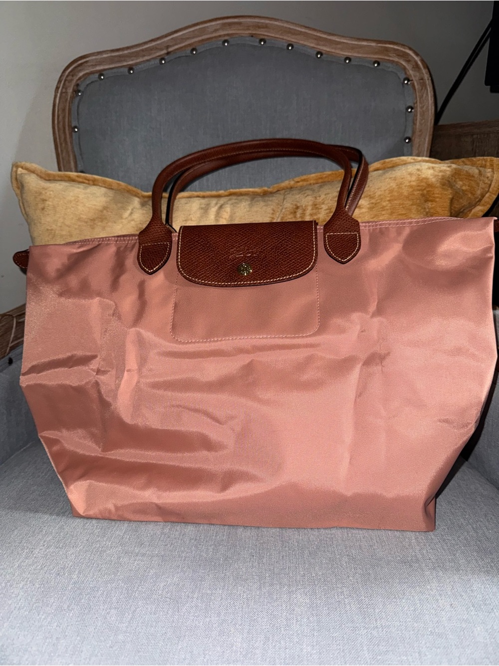 Longchamp Rose Tote with Brown Leather Trim